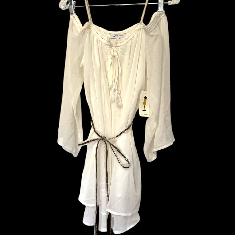 Purple Snow Gauzy Boho White Cottagecore Belted Mini Dress Size L NWT